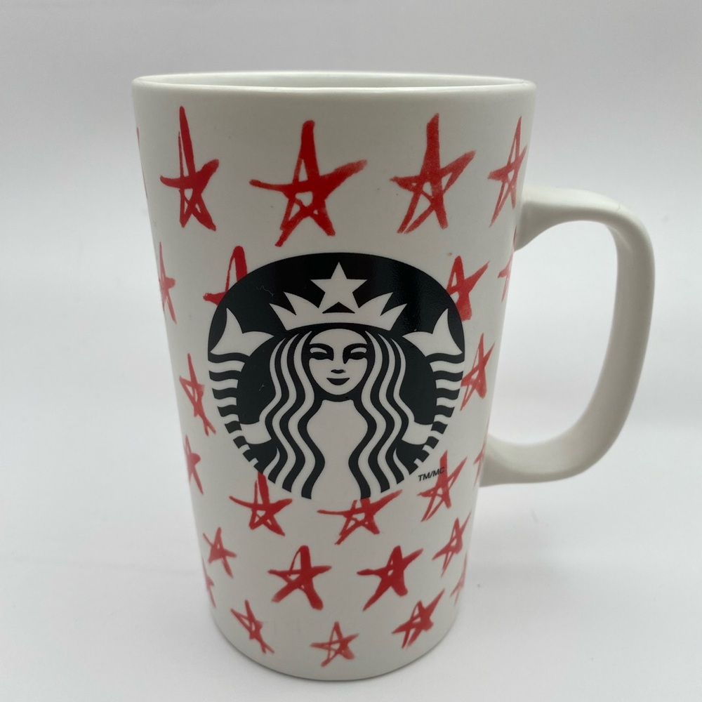 Starbucks 2014 Red Stars Ceramic Coffee Mug 16oz Grande Tall White Hand Drawn
